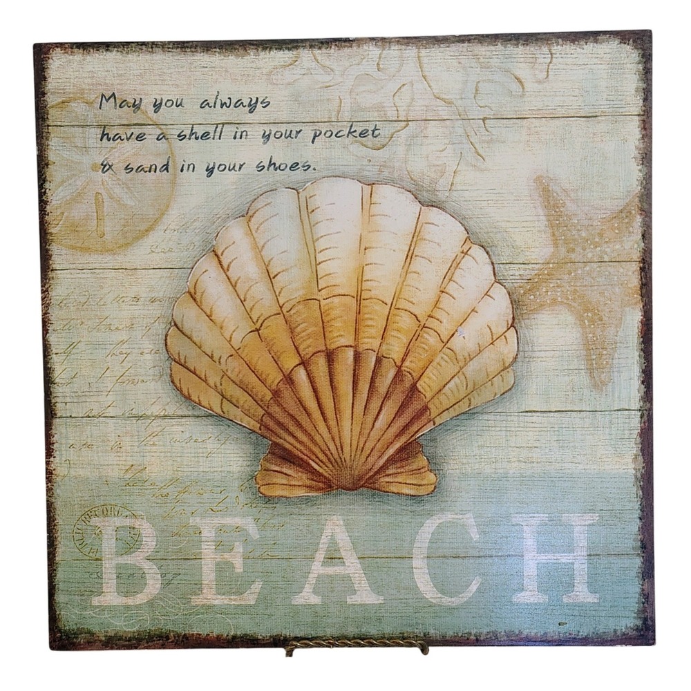 Beach Wall Art Sign Seashell Starfish‎ Quote Wood Plank Style Home Decor